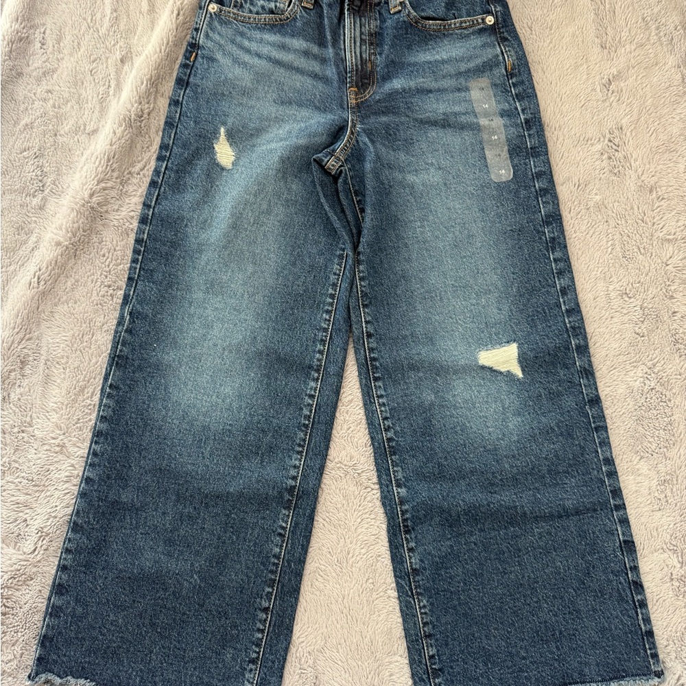 Gap Girls High Rise Wide Leg Jeans Size 14 Adjustable Waist Distressed Raw Hem